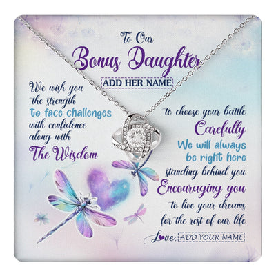 Love Knot Necklace 14K White Gold Finish | 1 | Personalized To Our Bonus Daughter Gifts Necklace From Stepmom Stepdad Always Be Right Here Dragonfly Birthday For Stepdaughter Christmas Gift Box Message Card | https://teecentury.