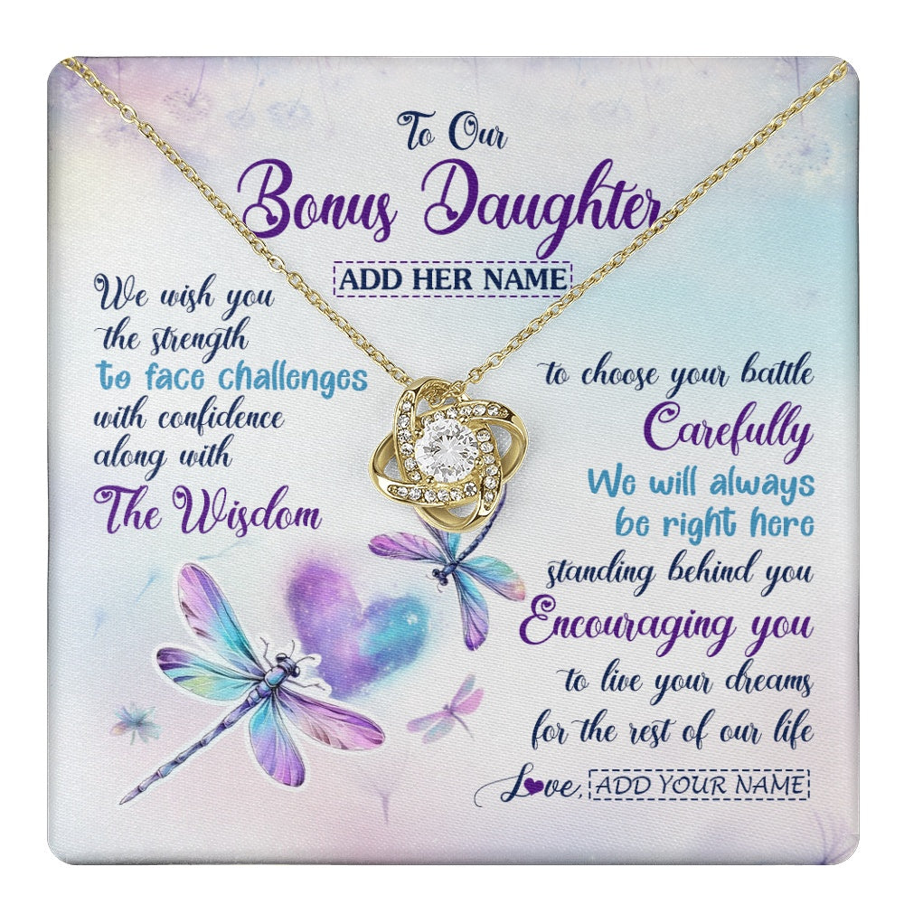 Love Knot Necklace 18K Yellow Gold Finish | 1 | Personalized To Our Bonus Daughter Gifts Necklace From Stepmom Stepdad Always Be Right Here Dragonfly Birthday For Stepdaughter Christmas Gift Box Message Card | https://teecentury.