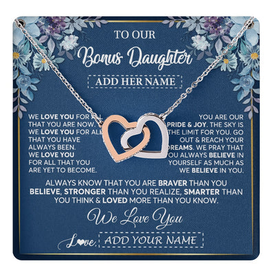 Interlocking Hearts Necklace Stainless Steel & Rose Gold Finish | 1 | Personalized To Our Bonus Daughter Necklace Gift From Stepdad We Love You Stepdaughter Birthday Gift Graduation Christmas Custom Gift Box Message Card | teecentury.myshopify