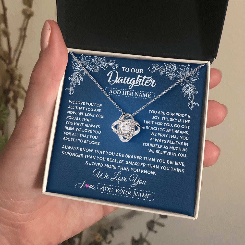 Love Knot Necklace 14K White Gold Finish | 2 | Personalized To Our Daughter Gifts From Mom Dad Necklace We Love You Jewelry Present Gift For Daughter Birthday Christmas Custom Custom Gift Box Message Card | https://teecentury.