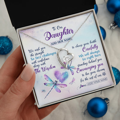 Forever Love Necklace 14K White Gold Finish | 2 | Personalized To Our Daughter Gifts Necklace From Mom Dad Always Be Right Here Dragonfly Birthday For Daughter Christmas Custom Jewelry Gift Box Message Card | https://teecentury.