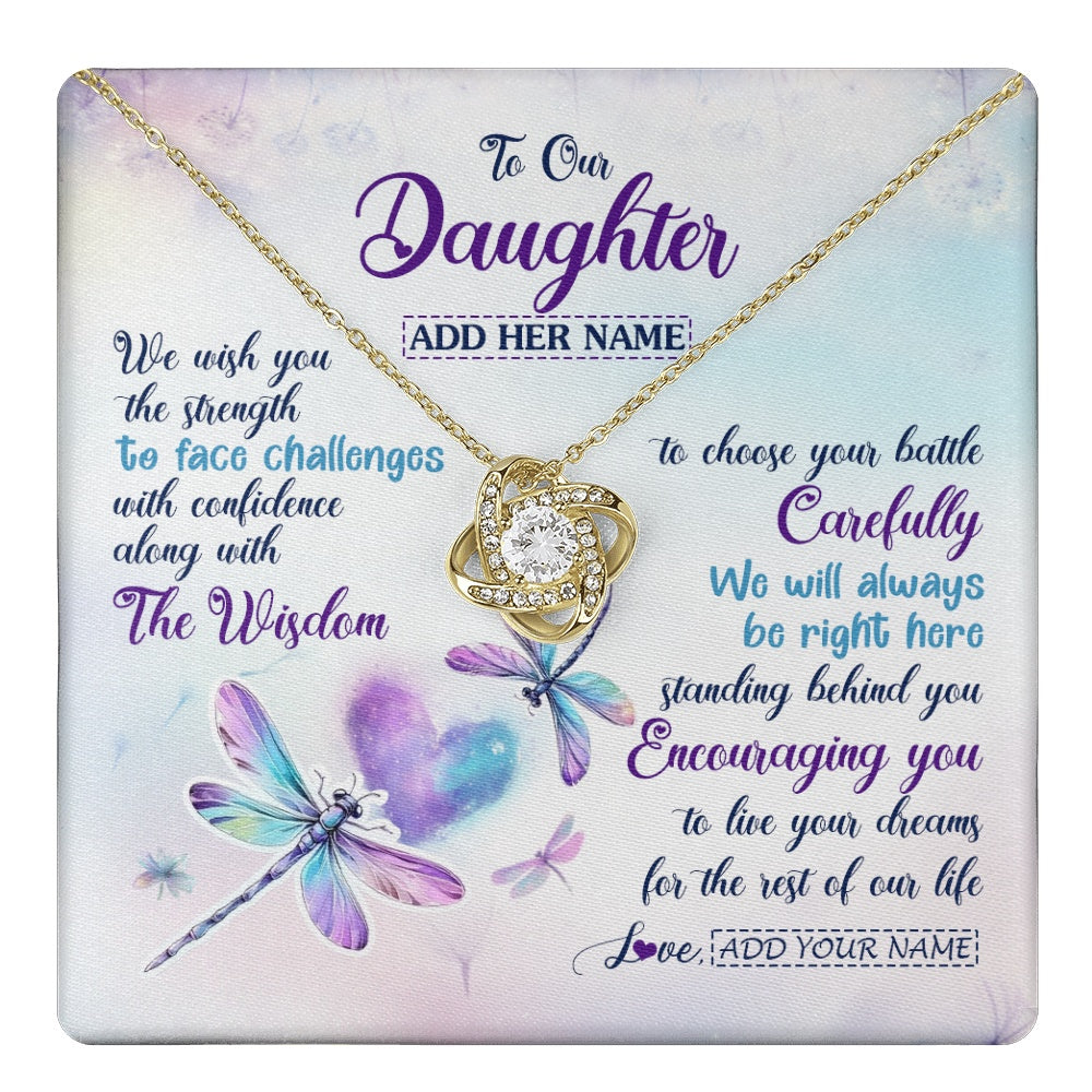 Love Knot Necklace 18K Yellow Gold Finish | 1 | Personalized To Our Daughter Gifts Necklace From Mom Dad Always Be Right Here Dragonfly Birthday For Daughter Christmas Custom Jewelry Gift Box Message Card | https://teecentury.