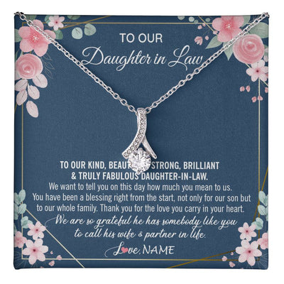 Alluring Beauty Necklace 14K White Gold Finish | 1 | Personalized To Our Daughter In Law Necklace On Wedding Day For Bride From Mother In Law Daughter In Law Jewelry Wedding Day Customized Gift Box Message Card | teecentury