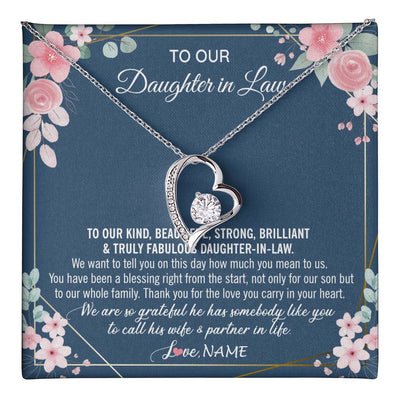 Forever Love Necklace 14K White Gold Finish | 1 | Personalized To Our Daughter In Law Necklace On Wedding Day For Bride From Mother In Law Daughter In Law Jewelry Wedding Day Customized Gift Box Message Card | teecentury