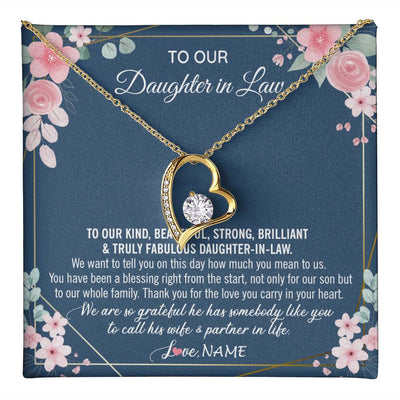 Forever Love Necklace 18K Yellow Gold Finish | 1 | Personalized To Our Daughter In Law Necklace On Wedding Day For Bride From Mother In Law Daughter In Law Jewelry Wedding Day Customized Gift Box Message Card | teecentury
