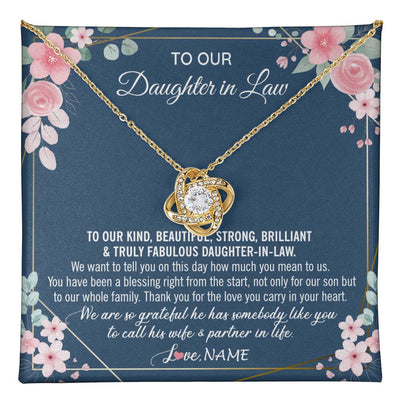 Love Knot Necklace 18K Yellow Gold Finish | 1 | Personalized To Our Daughter In Law Necklace On Wedding Day For Bride From Mother In Law Daughter In Law Jewelry Wedding Day Customized Gift Box Message Card | teecentury