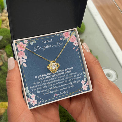 Love Knot Necklace 18K Yellow Gold Finish | 2 | Personalized To Our Daughter In Law Necklace On Wedding Day For Bride From Mother In Law Daughter In Law Jewelry Wedding Day Customized Gift Box Message Card | teecentury
