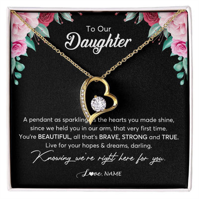 Forever Love Necklace 18K Yellow Gold Finish | Personalized To Our Daughter Necklace From Mom Dad You're Beautiful Daughter Jewelry Pendant Birthday Valentines Day Christmas Customized Gift Box Message Card | teecentury