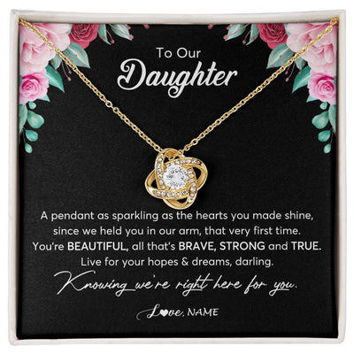 Love Knot Necklace 18K Yellow Gold Finish | Personalized To Our Daughter Necklace From Mom Dad You're Beautiful Daughter Jewelry Pendant Birthday Valentines Day Christmas Customized Gift Box Message Card | teecentury