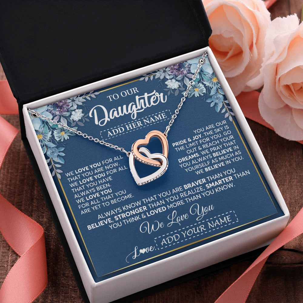 Interlocking Hearts Necklace Stainless Steel & Rose Gold Finish | 2 | Personalized To Our Daughter Necklace Gift From Parent Mom Dad Mother Father We Love You Daughter Birthday Gift Graduation Christmas Gift Box Message Card | teecentury.myshopify