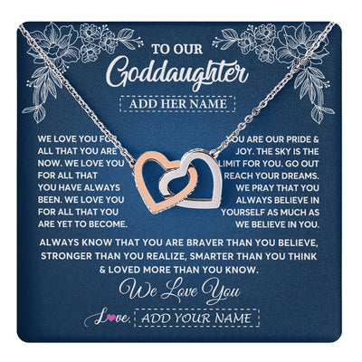 Interlocking Hearts Necklace Stainless Steel & Rose Gold Finish | 1 | Personalized To Our Goddaughter Gifts From Godmother Necklace We Love You Jewelry Present Gift Goddaughter Birthday Christmas Custom Gift Box Message Card | https://teecentury.