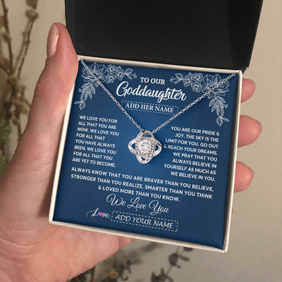 Love Knot Necklace 14K White Gold Finish | 2 | Personalized To Our Goddaughter Gifts From Godmother Necklace We Love You Jewelry Present Gift Goddaughter Birthday Christmas Custom Gift Box Message Card | https://teecentury.