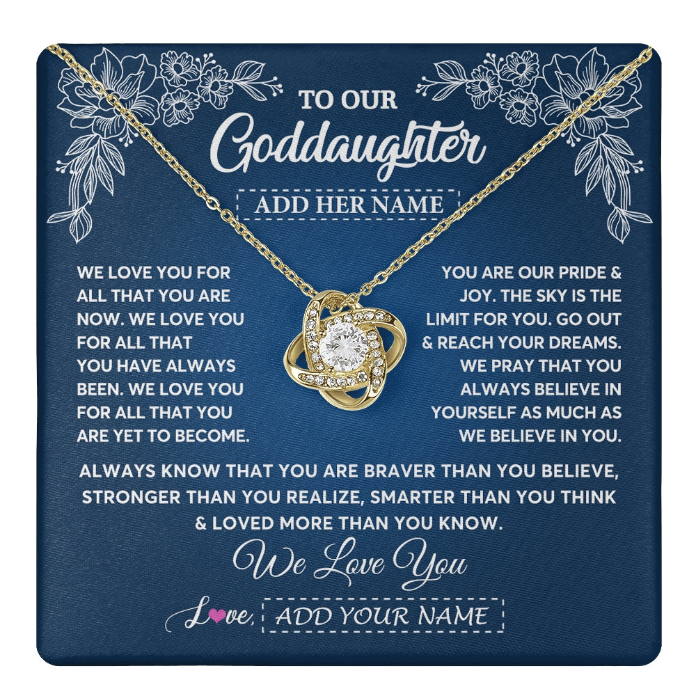 Love Knot Necklace 18K Yellow Gold Finish | 1 | Personalized To Our Goddaughter Gifts From Godmother Necklace We Love You Jewelry Present Gift Goddaughter Birthday Christmas Custom Gift Box Message Card | https://teecentury.