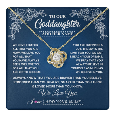 Love Knot Necklace 18K Yellow Gold Finish | 1 | Personalized To Our Goddaughter Gifts From Godmother Necklace We Love You Jewelry Present Gift Goddaughter Birthday Christmas Custom Gift Box Message Card | https://teecentury.