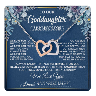 Interlocking Hearts Necklace Stainless Steel & Rose Gold Finish | 1 | Personalized To Our Goddaughter Necklace Gift From Godmother Uncle We Love You Goddaughter Birthday Gift Graduation Christmas Custom Gift Box Message Card | teecentury.myshopify