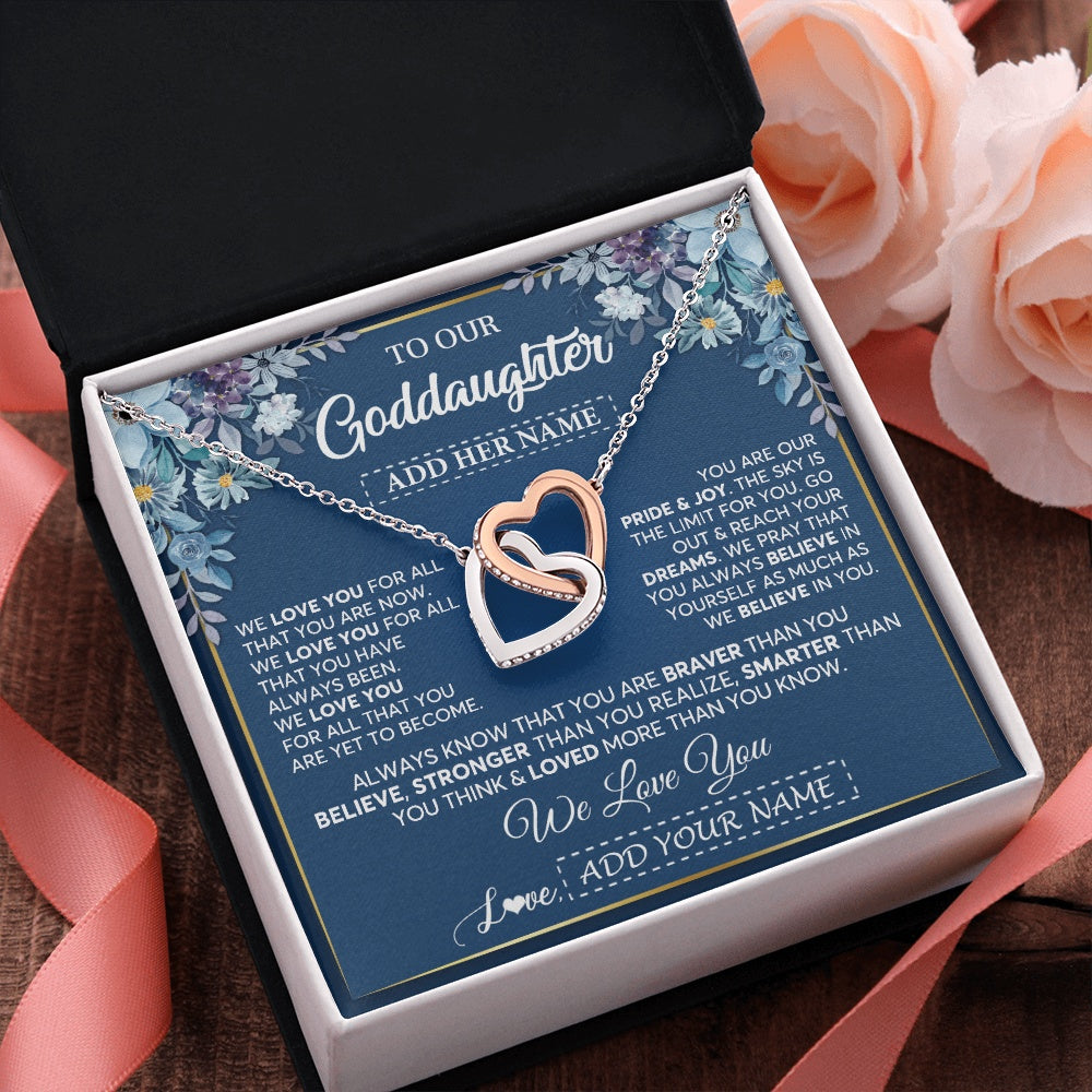 Interlocking Hearts Necklace Stainless Steel & Rose Gold Finish | 2 | Personalized To Our Goddaughter Necklace Gift From Godmother Uncle We Love You Goddaughter Birthday Gift Graduation Christmas Custom Gift Box Message Card | teecentury.myshopify