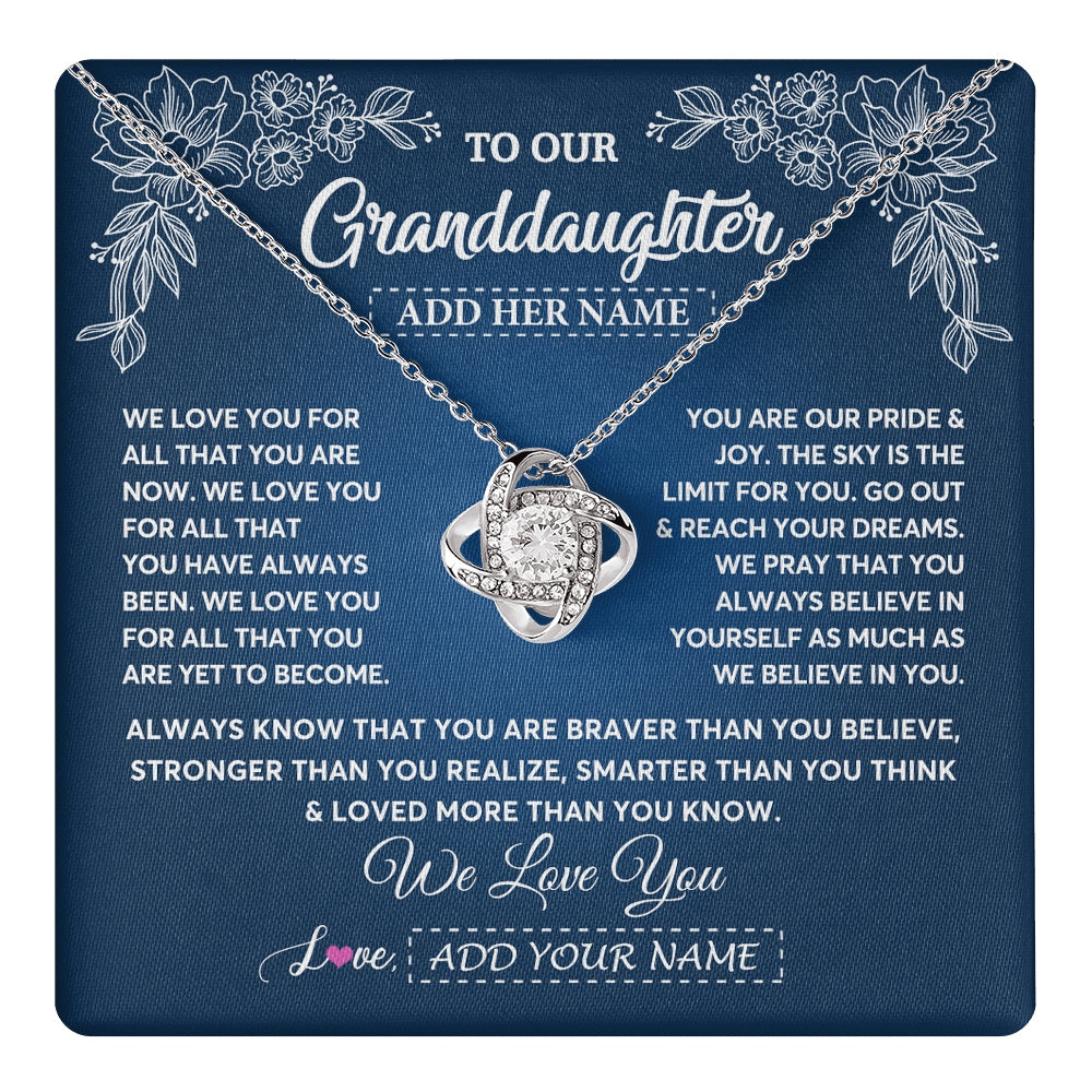 Love Knot Necklace 14K White Gold Finish | 1 | Personalized To Our Granddaughter Gifts From Grandma Grandpa Necklace We Love You Jewelry Gift Granddaughter Birthday Christmas Custom Gift Box Message Card | https://teecentury.