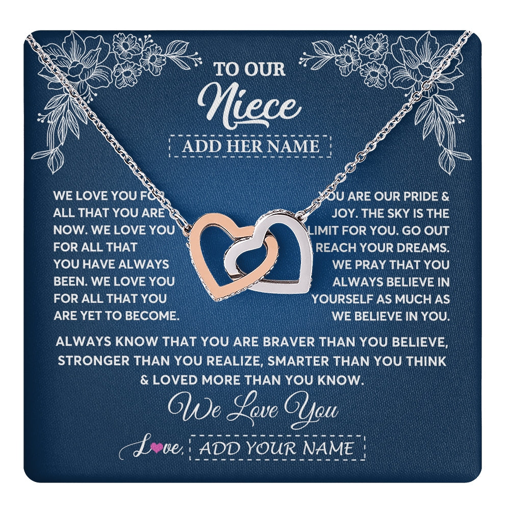 Interlocking Hearts Necklace Stainless Steel & Rose Gold Finish | 1 | Personalized To Our Niece Gifts From Aunt Uncle Necklace We Love You Jewelry Present Gift Niece Birthday Graduation Christmas Custom Gift Box Message Card | https://teecentury.