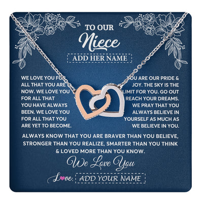 Interlocking Hearts Necklace Stainless Steel & Rose Gold Finish | 1 | Personalized To Our Niece Gifts From Aunt Uncle Necklace We Love You Jewelry Present Gift Niece Birthday Graduation Christmas Custom Gift Box Message Card | https://teecentury.