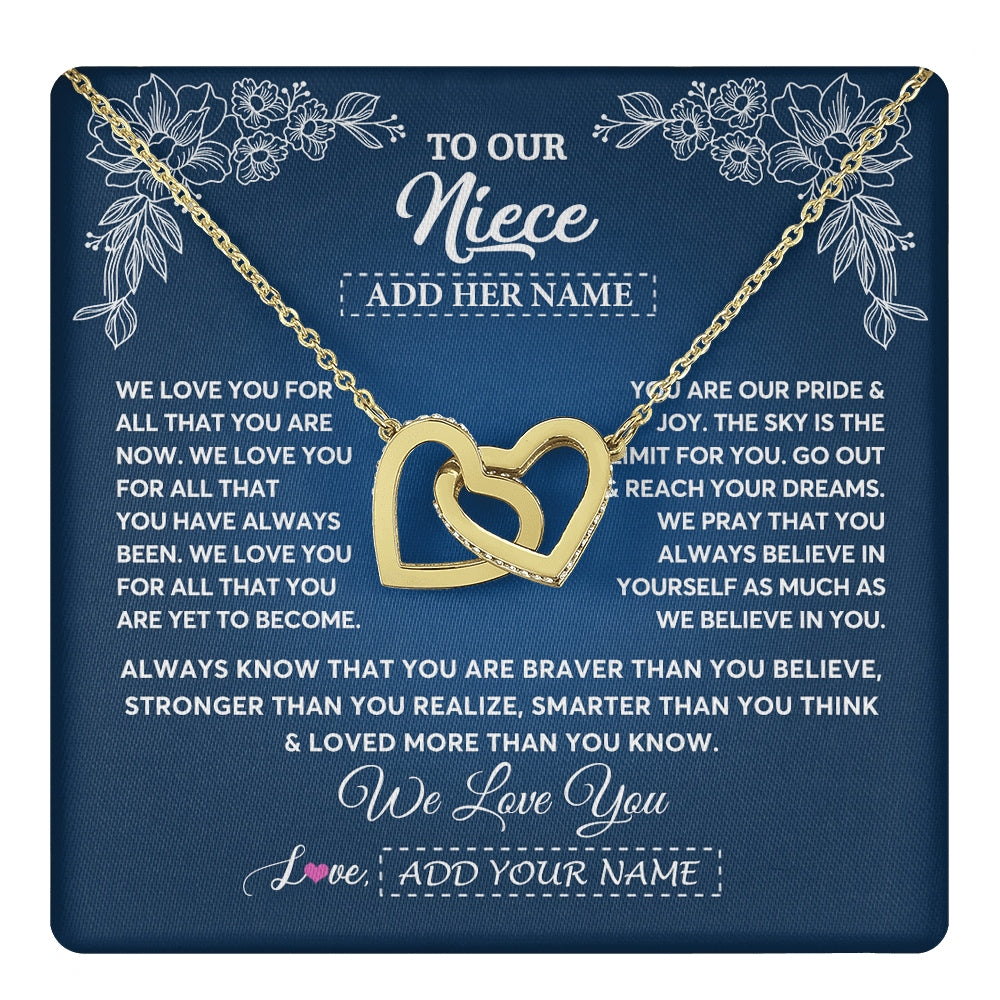 Interlocking Hearts Necklace 18K Yellow Gold Finish | 1 | Personalized To Our Niece Gifts From Aunt Uncle Necklace We Love You Jewelry Present Gift Niece Birthday Graduation Christmas Custom Gift Box Message Card | https://teecentury.
