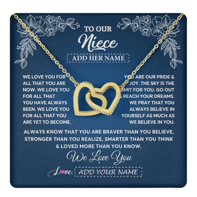 Interlocking Hearts Necklace 18K Yellow Gold Finish | 1 | Personalized To Our Niece Gifts From Aunt Uncle Necklace We Love You Jewelry Present Gift Niece Birthday Graduation Christmas Custom Gift Box Message Card | https://teecentury.