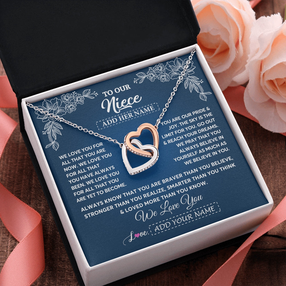 Interlocking Hearts Necklace Stainless Steel & Rose Gold Finish | 2 | Personalized To Our Niece Gifts From Aunt Uncle Necklace We Love You Jewelry Present Gift Niece Birthday Graduation Christmas Custom Gift Box Message Card | https://teecentury.