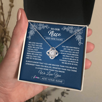 Love Knot Necklace 14K White Gold Finish | 2 | Personalized To Our Niece Gifts From Aunt Uncle Necklace We Love You Jewelry Present Gift Niece Birthday Graduation Christmas Custom Gift Box Message Card | https://teecentury.