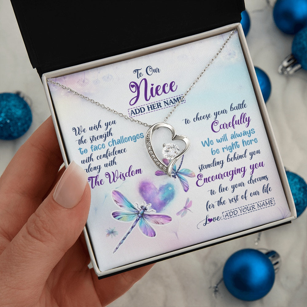 Forever Love Necklace 14K White Gold Finish | 2 | Personalized To Our Niece Gifts Necklace From Aunt Uncle Always Be Right Here Dragonfly Birthday For Niece Christmas Custom Jewelry Gift Box Message Card | https://teecentury.