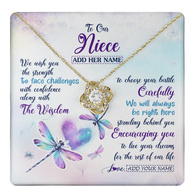 Love Knot Necklace 18K Yellow Gold Finish | 1 | Personalized To Our Niece Gifts Necklace From Aunt Uncle Always Be Right Here Dragonfly Birthday For Niece Christmas Custom Jewelry Gift Box Message Card | https://teecentury.