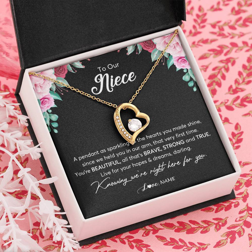 Forever Love Necklace 18K Yellow Gold Finish | Personalized To Our Niece Necklace From Aunt Uncle You're Beautiful Niece Jewelry Pendant Birthday Graduation Christmas Customized Gift Box Message Card | teecentury