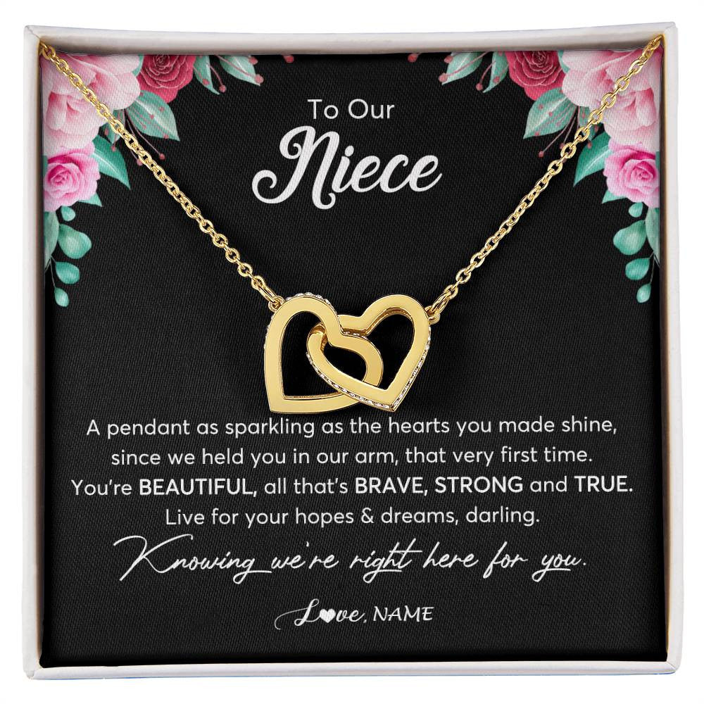 Interlocking Hearts Necklace 18K Yellow Gold Finish | Personalized To Our Niece Necklace From Aunt Uncle You're Beautiful Niece Jewelry Pendant Birthday Graduation Christmas Customized Gift Box Message Card | teecentury