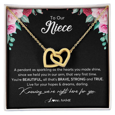 Interlocking Hearts Necklace 18K Yellow Gold Finish | Personalized To Our Niece Necklace From Aunt Uncle You're Beautiful Niece Jewelry Pendant Birthday Graduation Christmas Customized Gift Box Message Card | teecentury