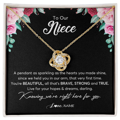 Love Knot Necklace 18K Yellow Gold Finish | Personalized To Our Niece Necklace From Aunt Uncle You're Beautiful Niece Jewelry Pendant Birthday Graduation Christmas Customized Gift Box Message Card | teecentury