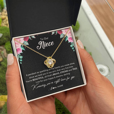Love Knot Necklace 18K Yellow Gold Finish | Personalized To Our Niece Necklace From Aunt Uncle You're Beautiful Niece Jewelry Pendant Birthday Graduation Christmas Customized Gift Box Message Card | teecentury