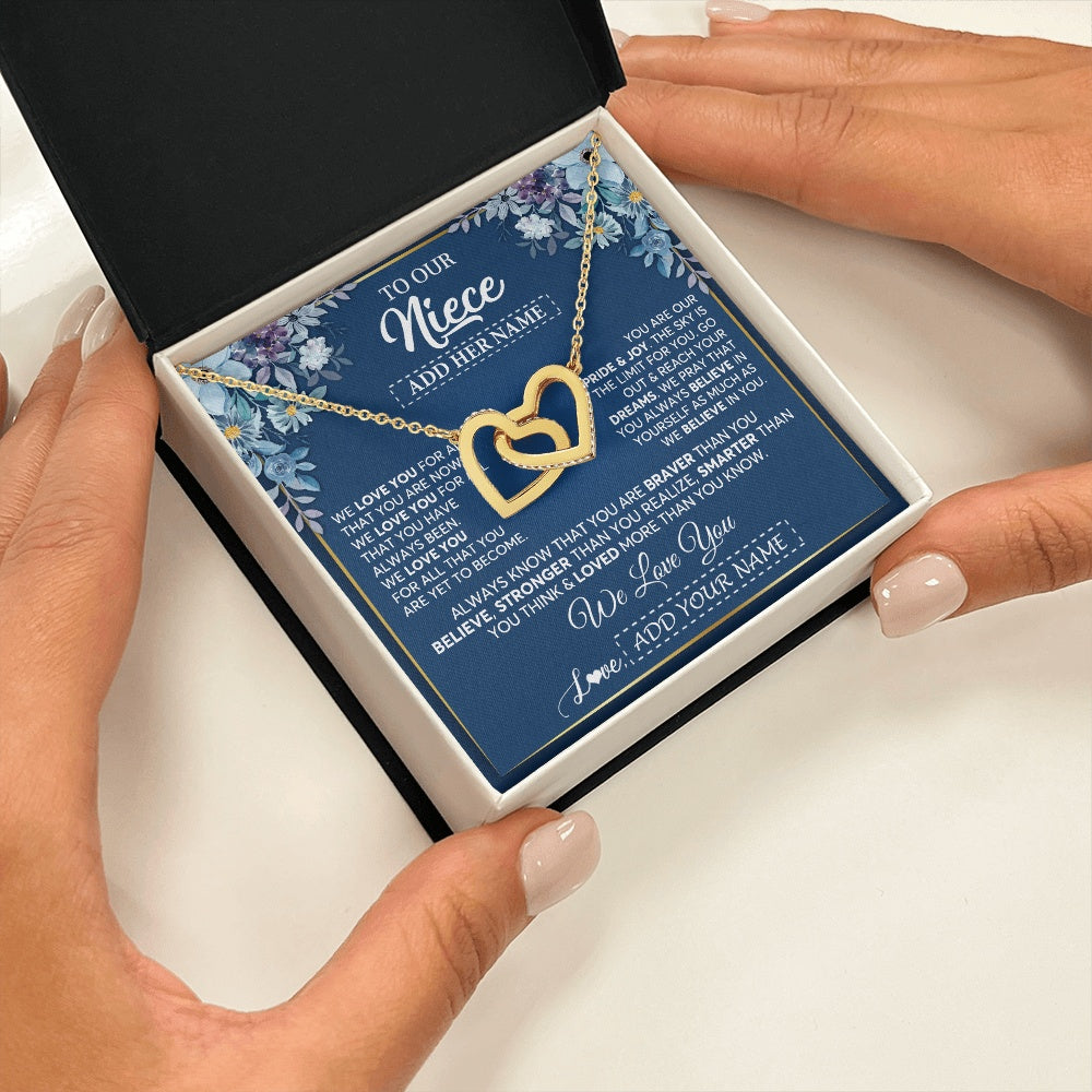 Interlocking Hearts Necklace 18K Yellow Gold Finish | 2 | Personalized To Our Niece Necklace Gift From Uncle Aunt We Love You Niece Birthday Gift Graduation Christmas Pendant Custom Gift Box Message Card | teecentury.myshopify