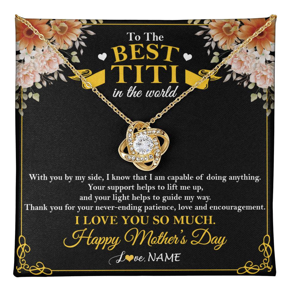 Love Knot Necklace 18K Yellow Gold Finish | 1 | Personalized To The Best Titi In The World Necklace From Niece Nephew Thank You I Love You So Much Titi Happy Mothers Day Customized Gift Box Message Card | teecentury