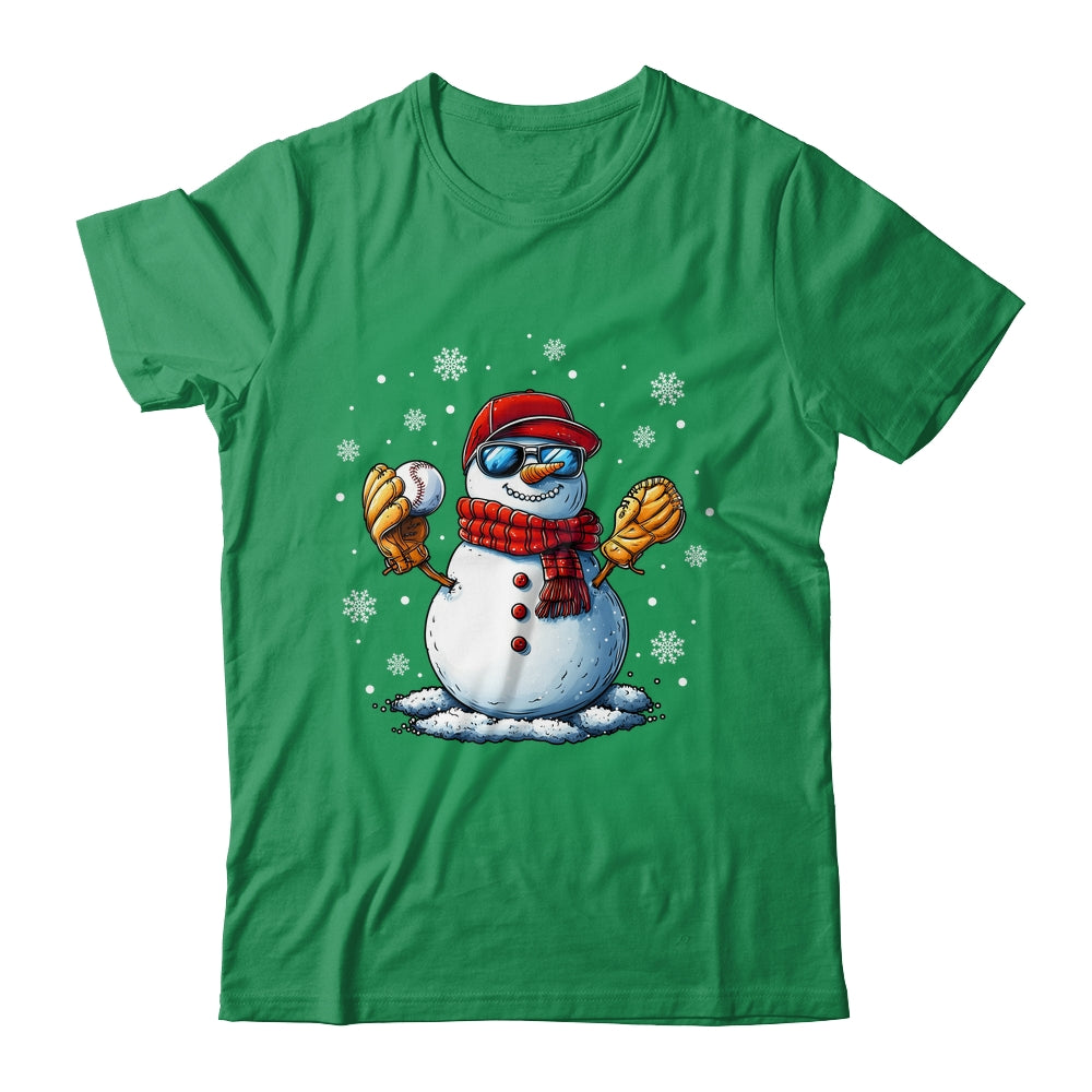 Snowman Playing Baseball As Pitcher Boys Men Christmas Shirt & Sweatshirt | teecentury