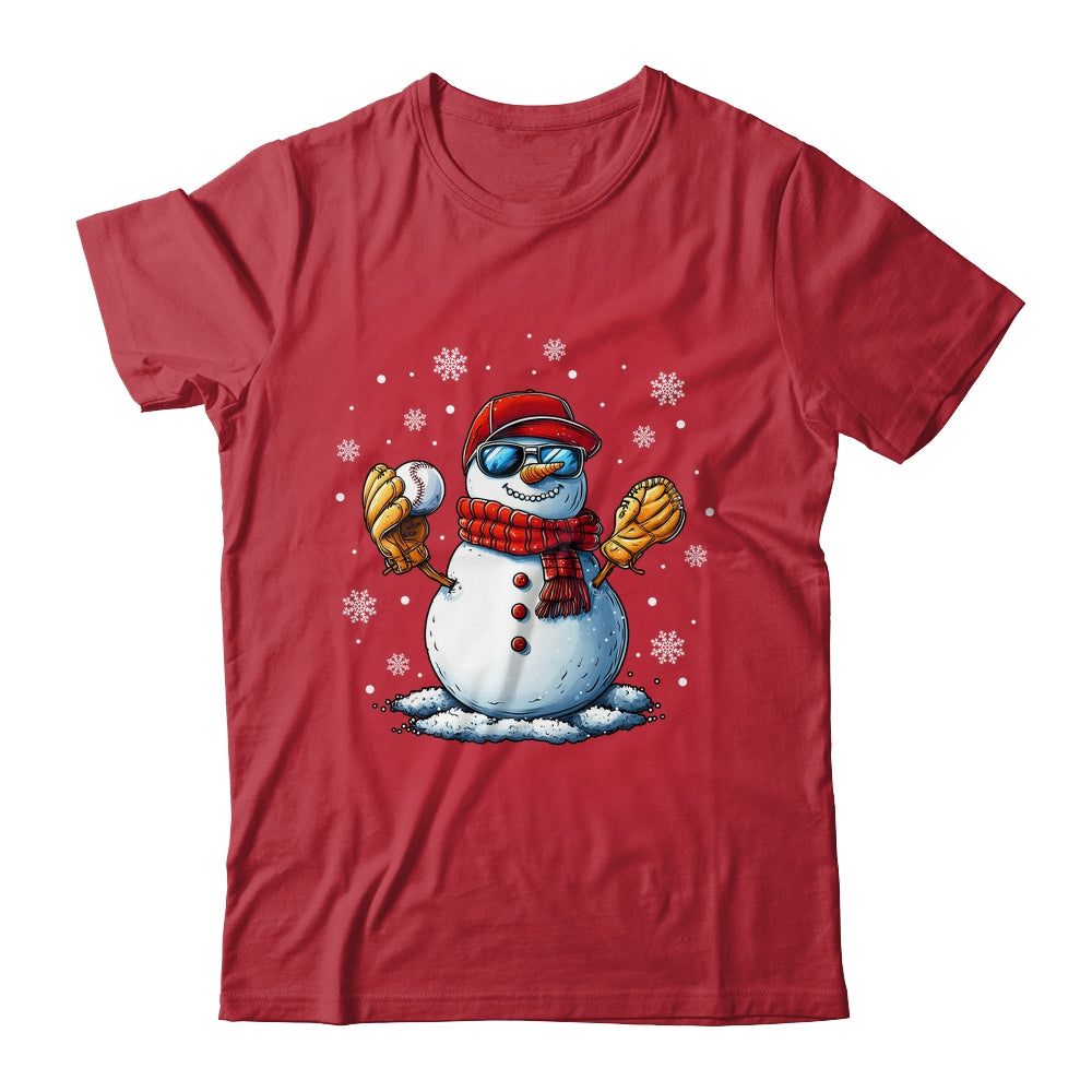 Snowman Playing Baseball As Pitcher Boys Men Christmas Shirt & Sweatshirt | teecentury