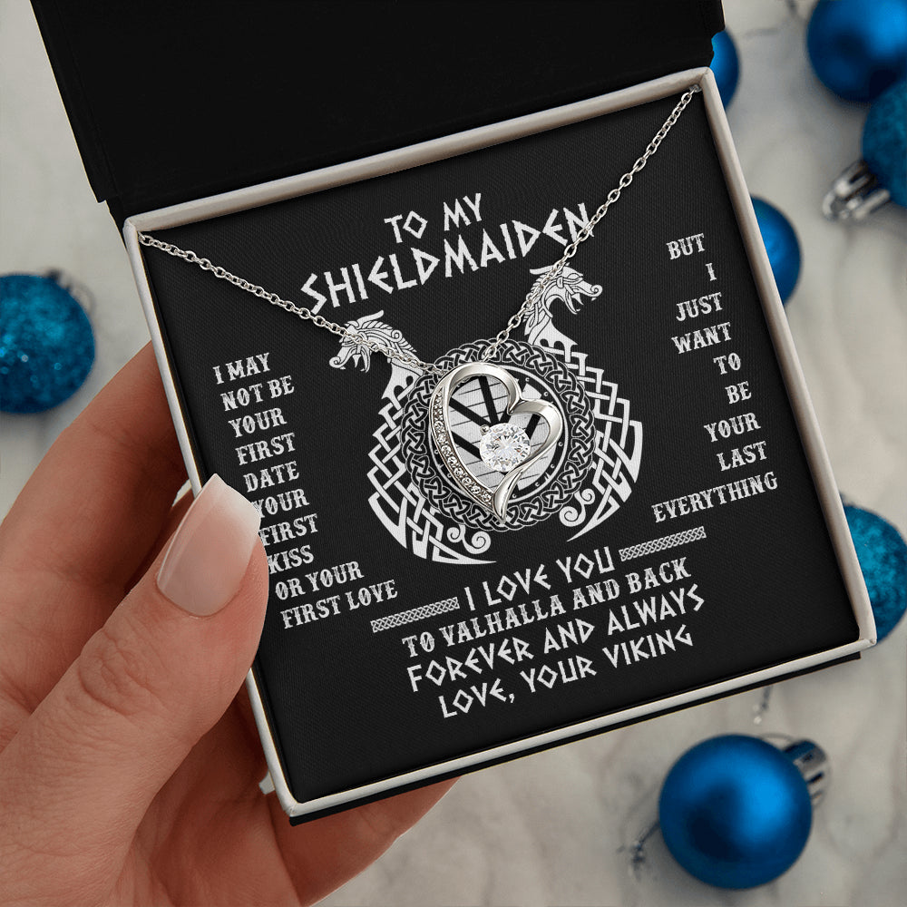 Forever Love Necklace 14K White Gold Finish | 2 | To My Shieldmaiden Necklace I Love You to Valhalla and Back Viking Jewelry Birthday Wife Girlfriend Anniversary Message Card | teecentury