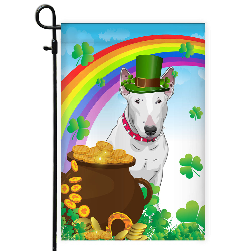Bull Terrier St Patrick's Day Dog Flag Funny Peeking Dog Wear Green Hat Golden Pot Coin Shamrock Rainbow Spring Banner for Home Decor | teecentury
