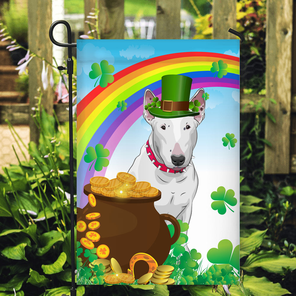 Bull Terrier St Patrick's Day Dog Flag Funny Peeking Dog Wear Green Hat Golden Pot Coin Shamrock Rainbow Spring Banner for Home Decor | teecentury