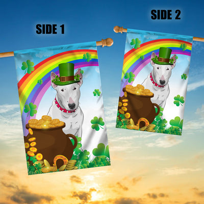Bull Terrier St Patrick's Day Dog Flag Funny Peeking Dog Wear Green Hat Golden Pot Coin Shamrock Rainbow Spring Banner for Home Decor | teecentury