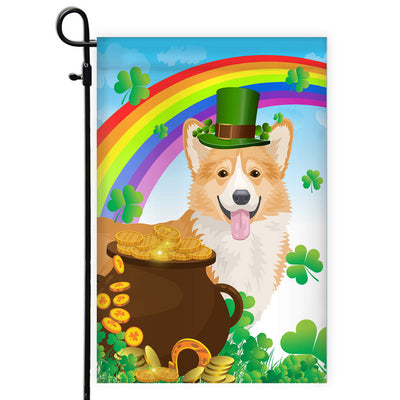 Corgi St Patrick's Day Dog Flag Funny Peeking Dog Wear Green Hat Golden Pot Coin Shamrock Rainbow Spring Banner for Home Decor | teecentury