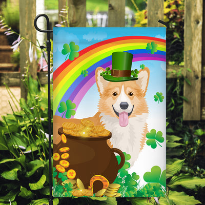 Corgi St Patrick's Day Dog Flag Funny Peeking Dog Wear Green Hat Golden Pot Coin Shamrock Rainbow Spring Banner for Home Decor | teecentury