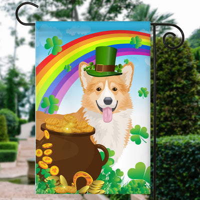 Corgi St Patrick's Day Dog Flag Funny Peeking Dog Wear Green Hat Golden Pot Coin Shamrock Rainbow Spring Banner for Home Decor | teecentury