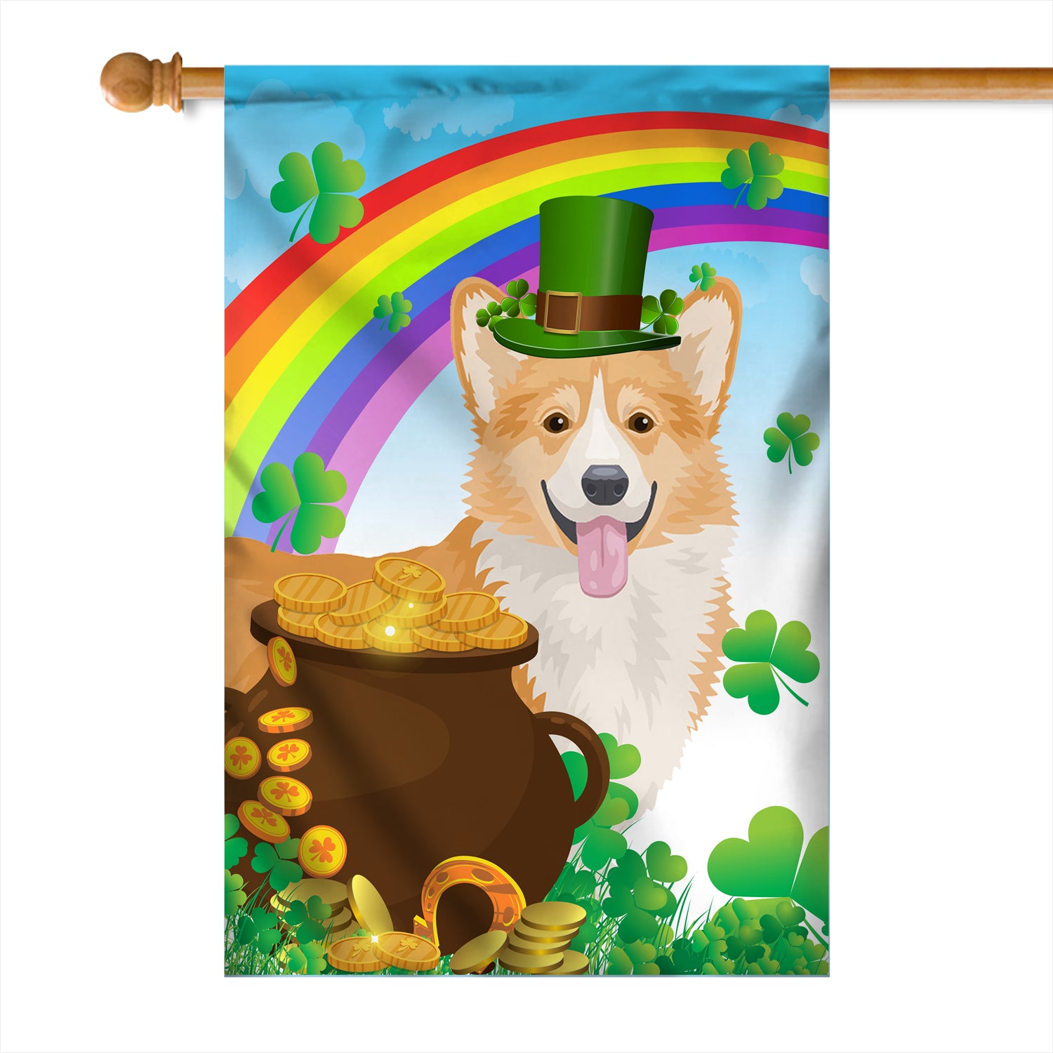 Corgi St Patrick's Day Dog Flag Funny Peeking Dog Wear Green Hat Golden Pot Coin Shamrock Rainbow Spring Banner for Home Decor | teecentury