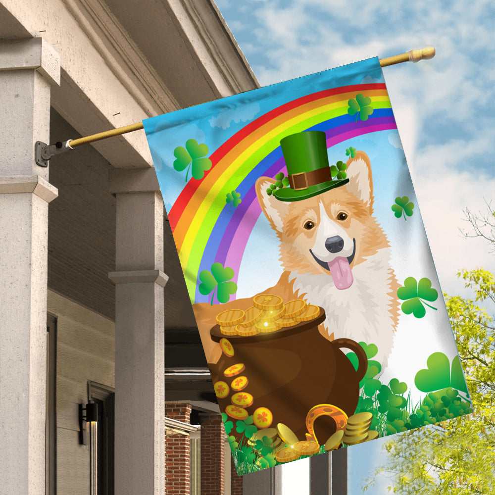 Corgi St Patrick's Day Dog Flag Funny Peeking Dog Wear Green Hat Golden Pot Coin Shamrock Rainbow Spring Banner for Home Decor | teecentury