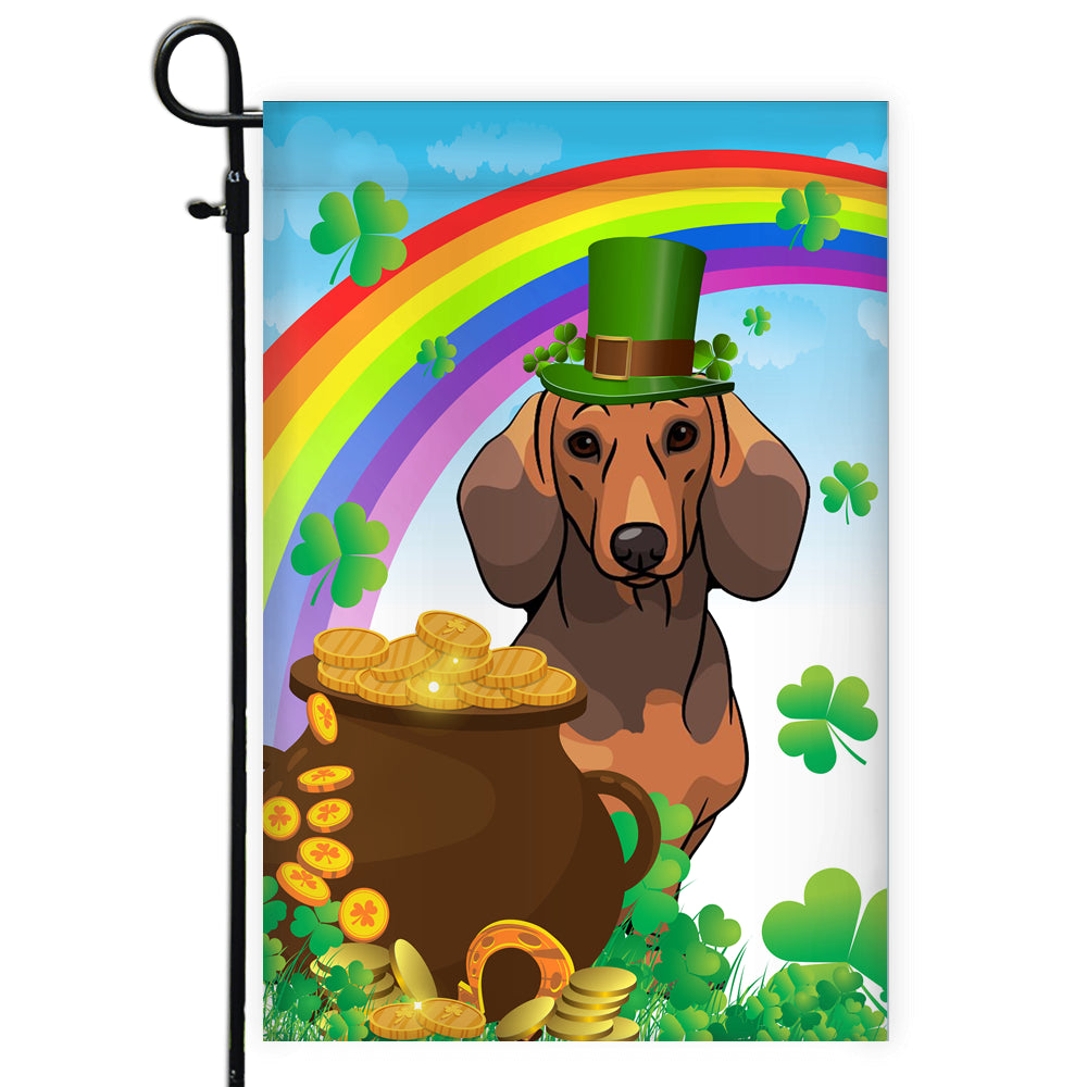 Dachshund St Patrick's Day Dog Flag Funny Peeking Dog Wear Green Hat Golden Pot Coin Shamrock Rainbow Spring Banner for Home Decor | teecentury