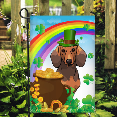 Dachshund St Patrick's Day Dog Flag Funny Peeking Dog Wear Green Hat Golden Pot Coin Shamrock Rainbow Spring Banner for Home Decor | teecentury