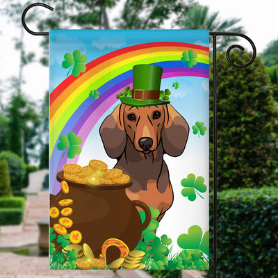 Dachshund St Patrick's Day Dog Flag Funny Peeking Dog Wear Green Hat Golden Pot Coin Shamrock Rainbow Spring Banner for Home Decor | teecentury